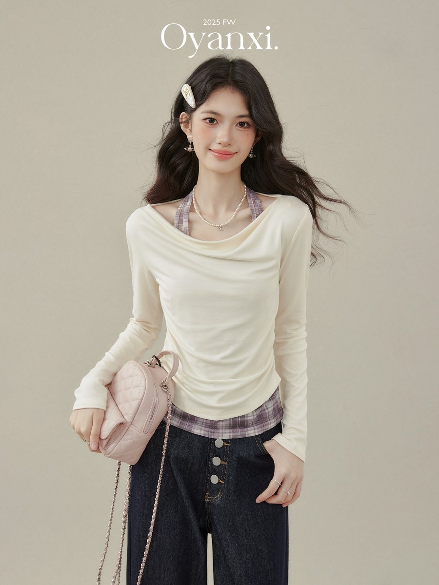 OYANXI ホルターネック ドレープ フェイクレイヤード 長袖Tシャツ