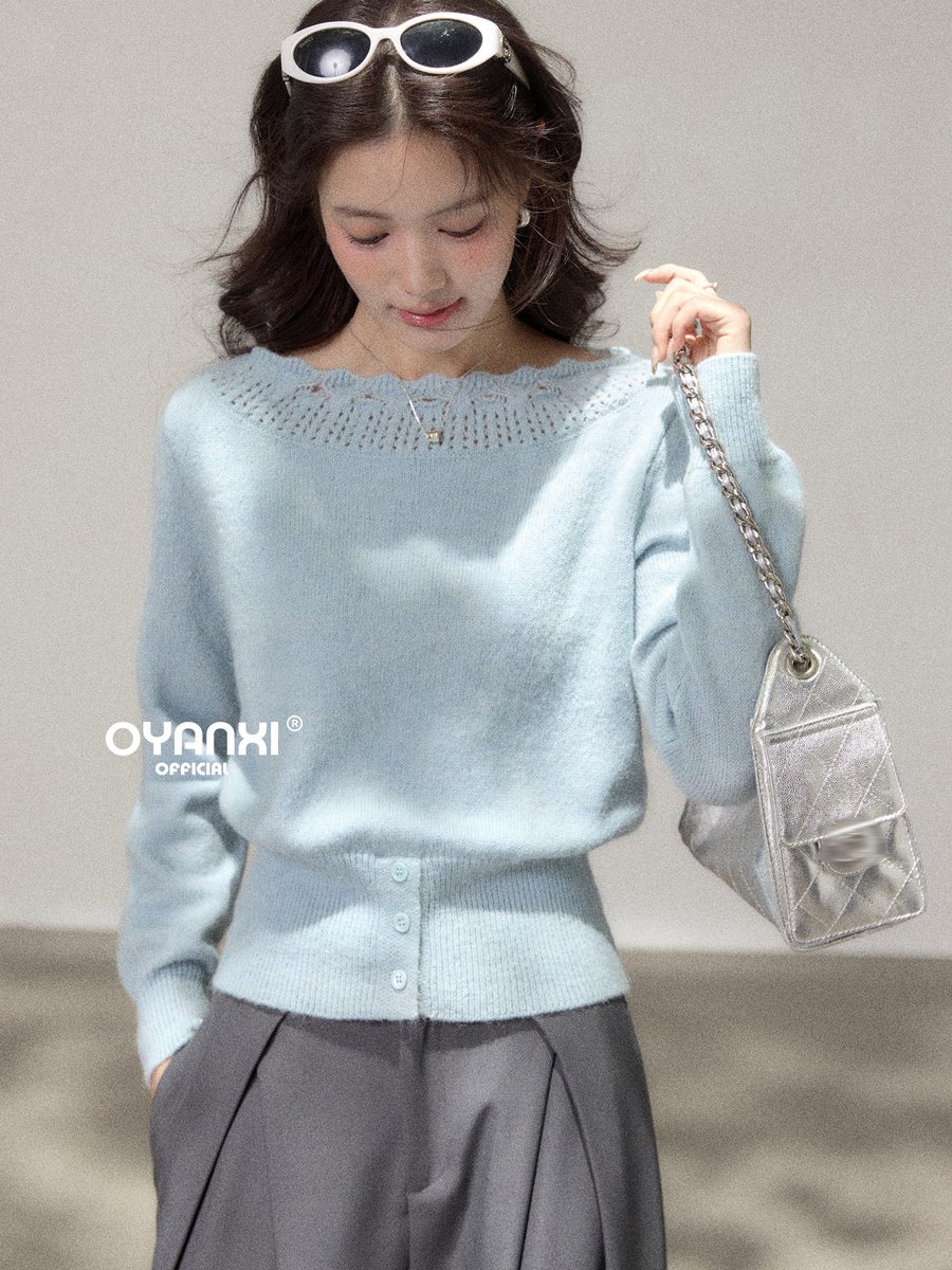 OYANXI フリル 透かし編み襟 ゆったりプルオーバーニット