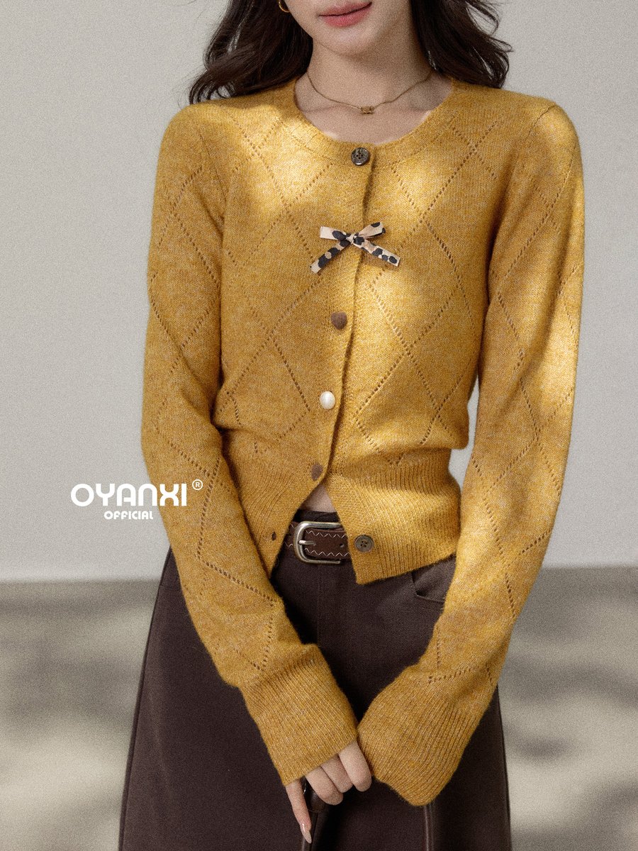 OYANXI ダイヤ柄透かし編み ニットカーディガン