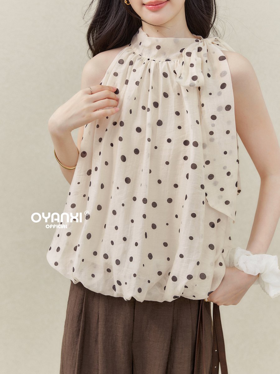 OYANXI ドット柄 リボン ホルターネック ノースリーブトップス