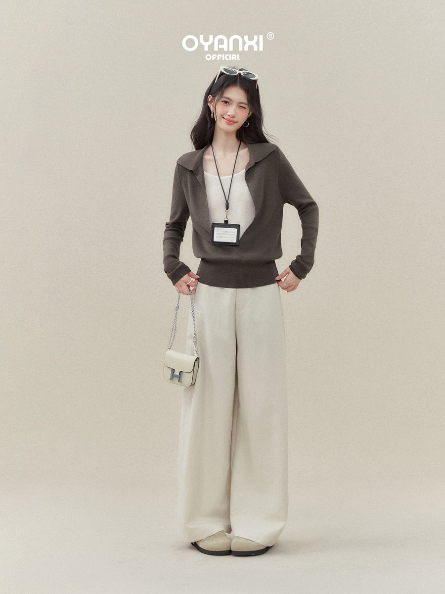 OYANXI 深Vネック フェイクレイヤード ゆったりニット