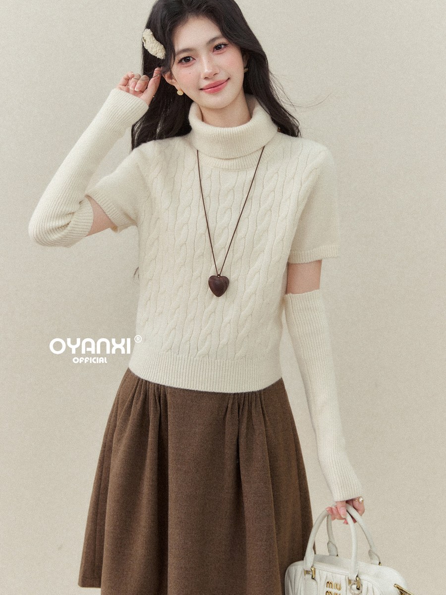 OYANXI ハイネック 半袖ニット アームウォーマー付き