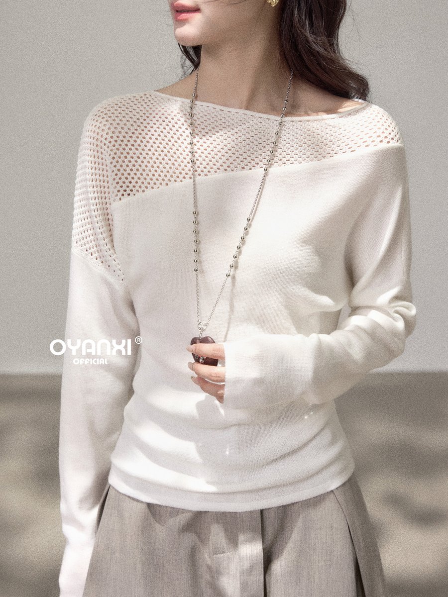 OYANXI アシンメトリーネック メッシュ編み切り替え ニットトップス
