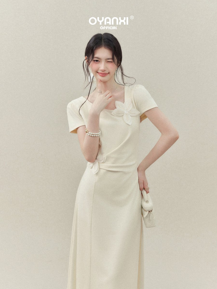 OYANXI 立体フラワー クルーネック 半袖ワンピース