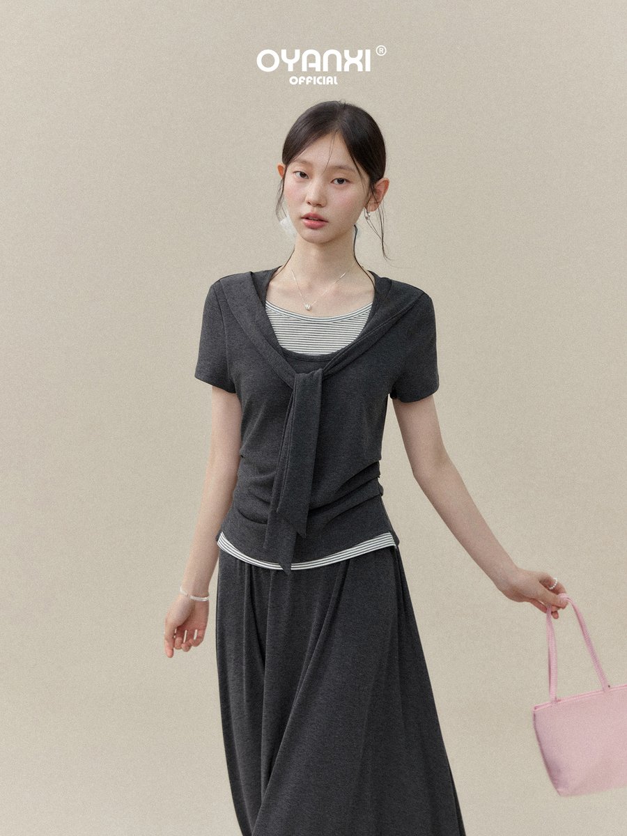 OYANXI フェイクレイヤード 半袖トップス＆スカート セットアップ