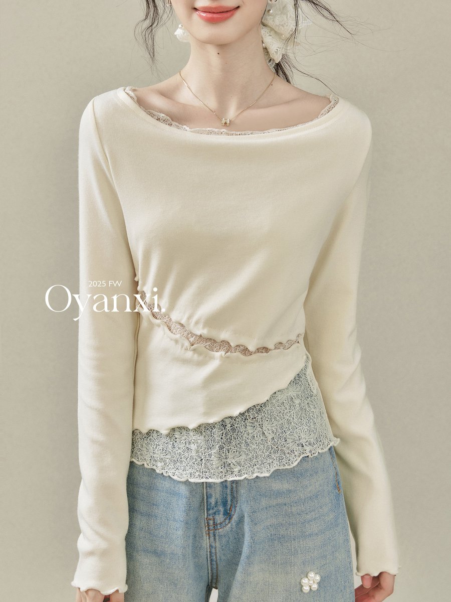 OYANXI オフショルダー レース切り替え ニット長袖Tシャツ