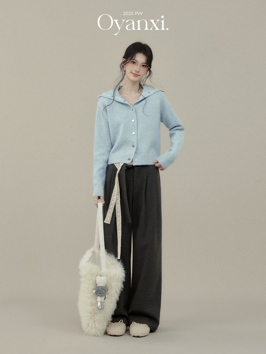 OYANXI 襟付き ブルー ニットカーディガン