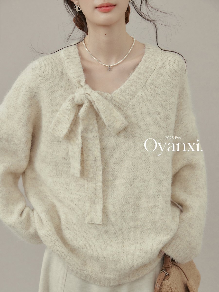 OYANXI リボンタイ Vネック 厚手プルオーバーニット