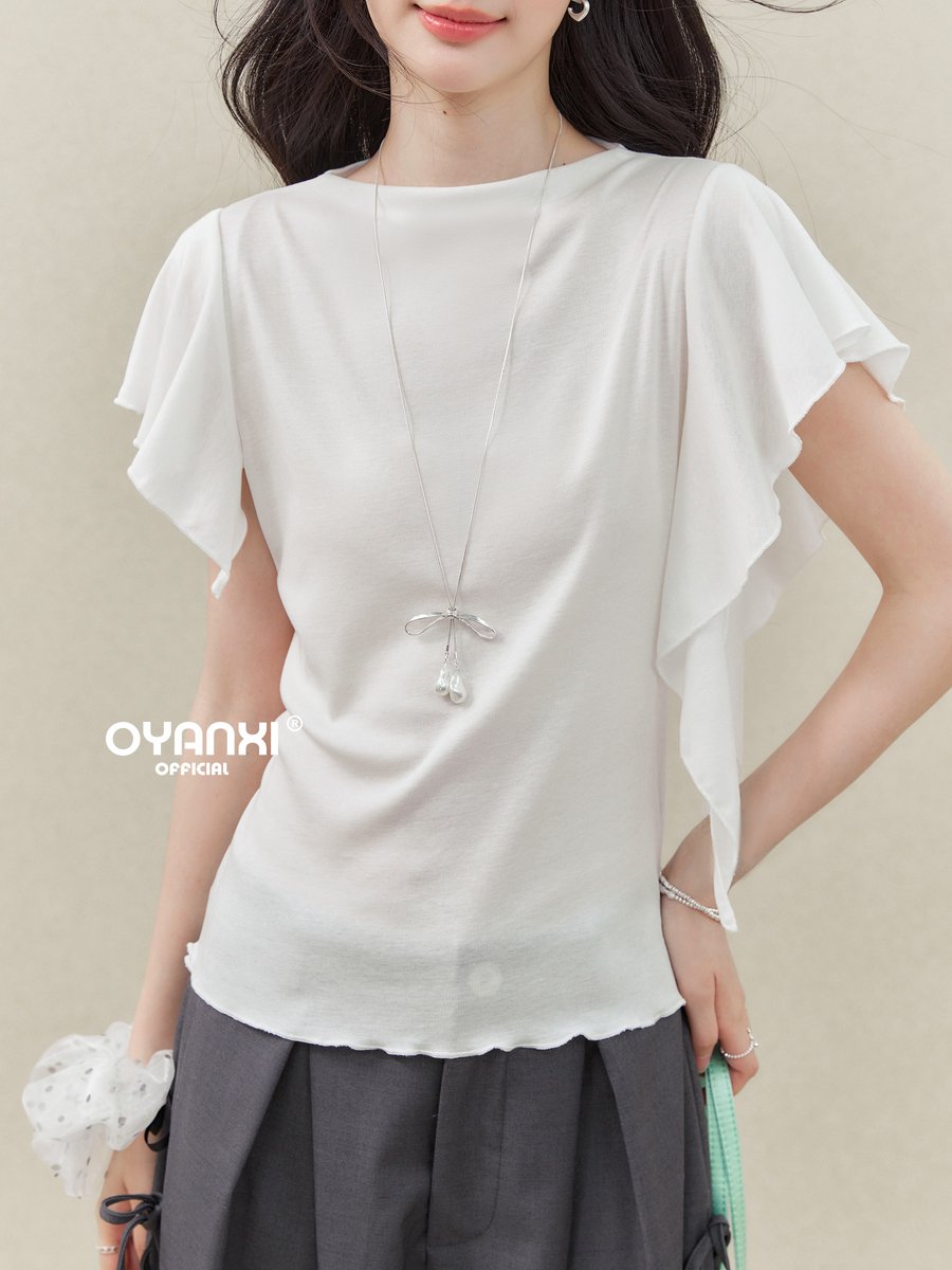 OYANXI フリルスリーブ スリムシルエット 半袖Tシャツ