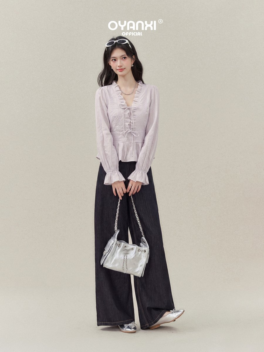 OYANXI Vネック パフスリーブ ウエストシェイプシャツ