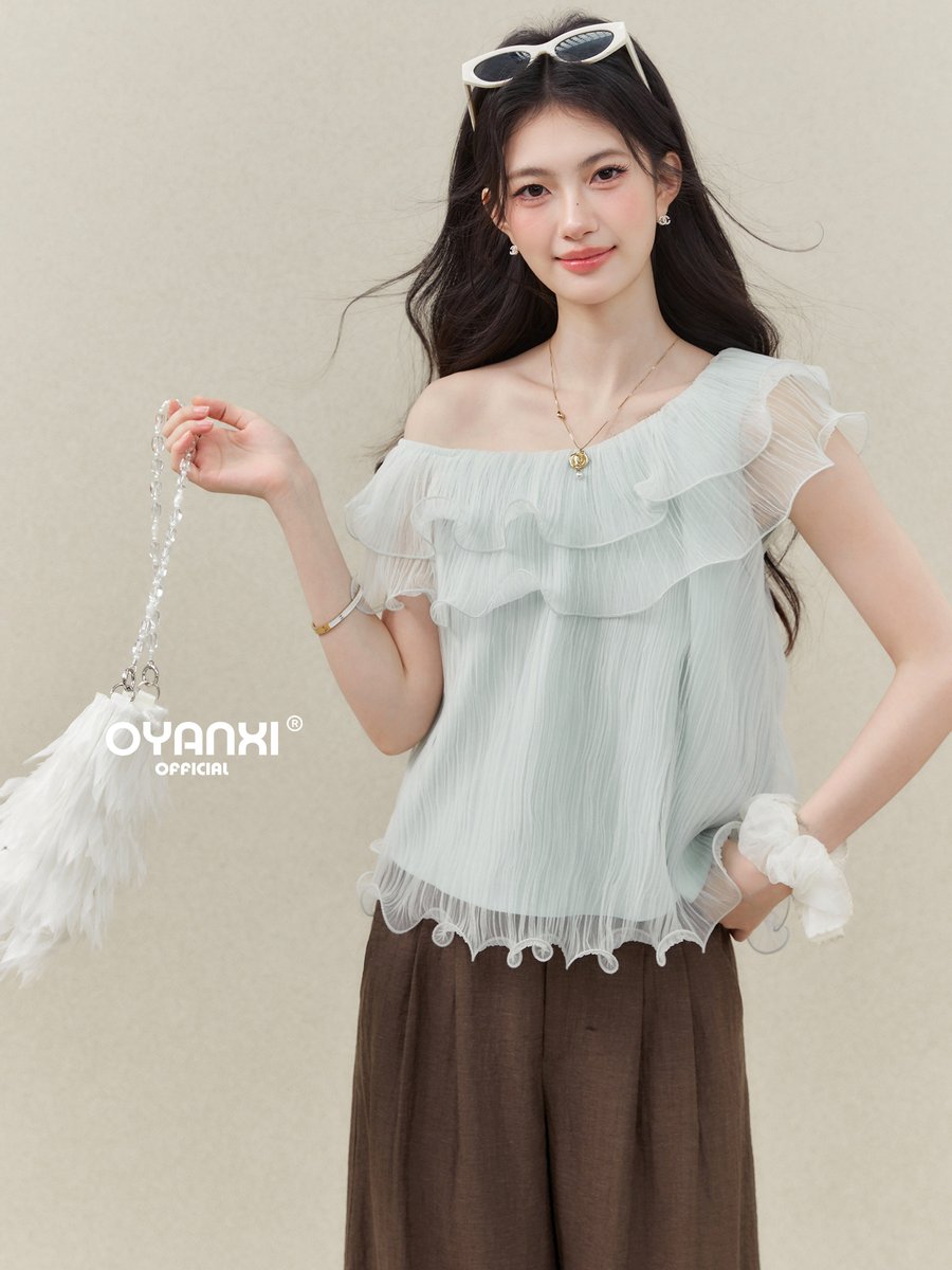 OYANXI ワンショルダー フリルデザイン 半袖ブラウス
