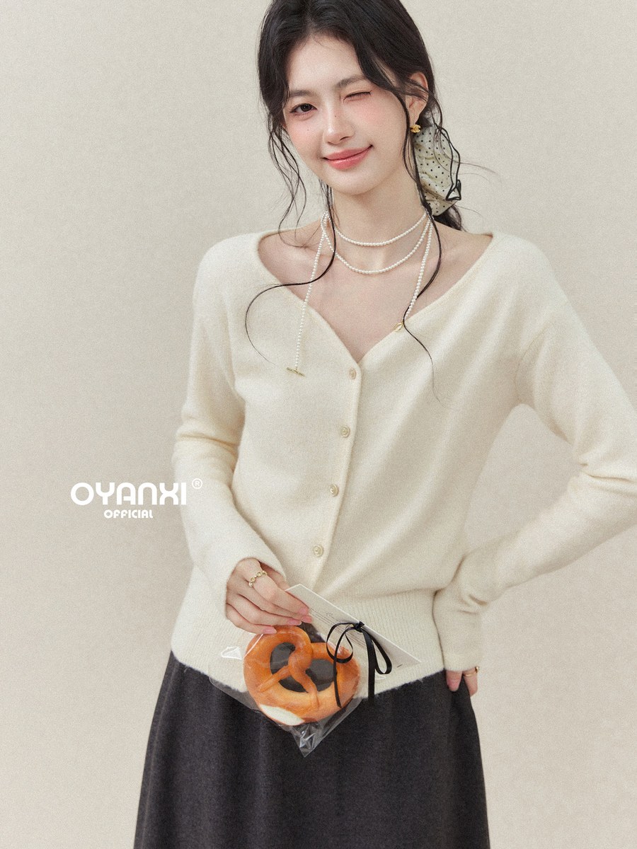 OYANXI Vネック スリット裾 ゆったり ニットカーディガン