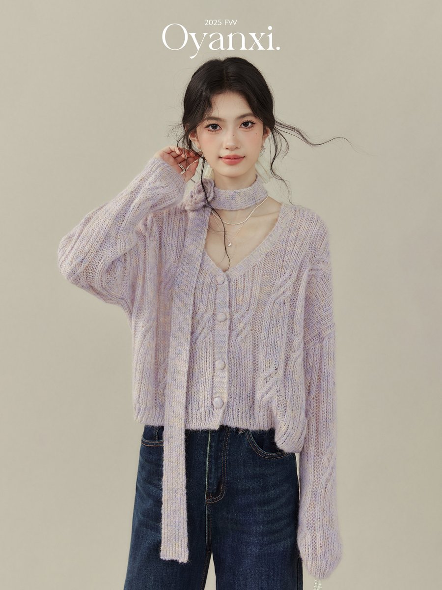 OYANXI リボンタイ Vネック 長袖ニット パープル