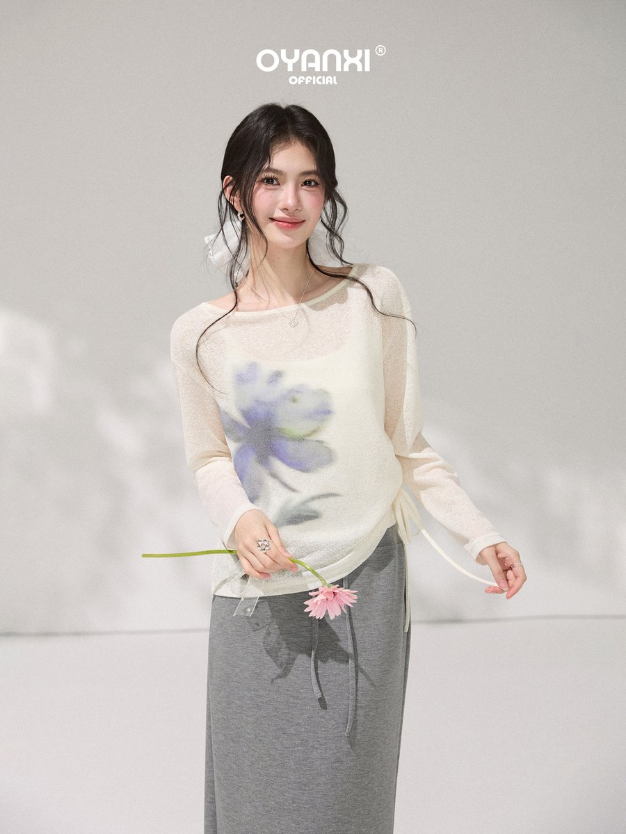 OYANXI ボタニカルプリント クルーネック 長袖カバーアップTシャツ