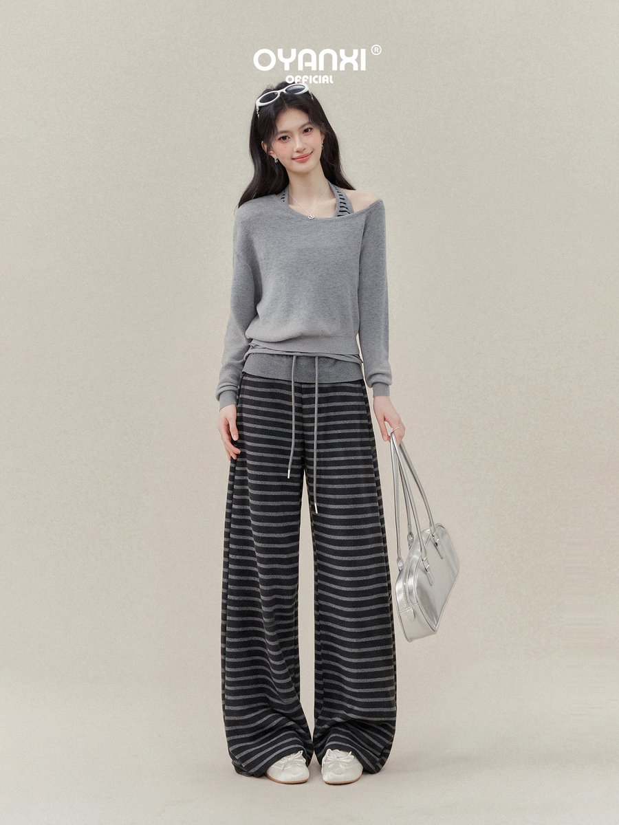 OYANXI ストライプ ハイウエスト とろみ ロング ワイドパンツ