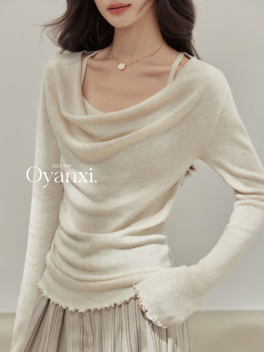 OYANXI フェイクレイヤード ドレープネック ニット
