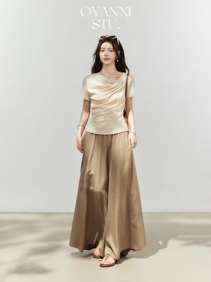 OYANXI ギャザー アシンメトリーネック 半袖Tシャツ