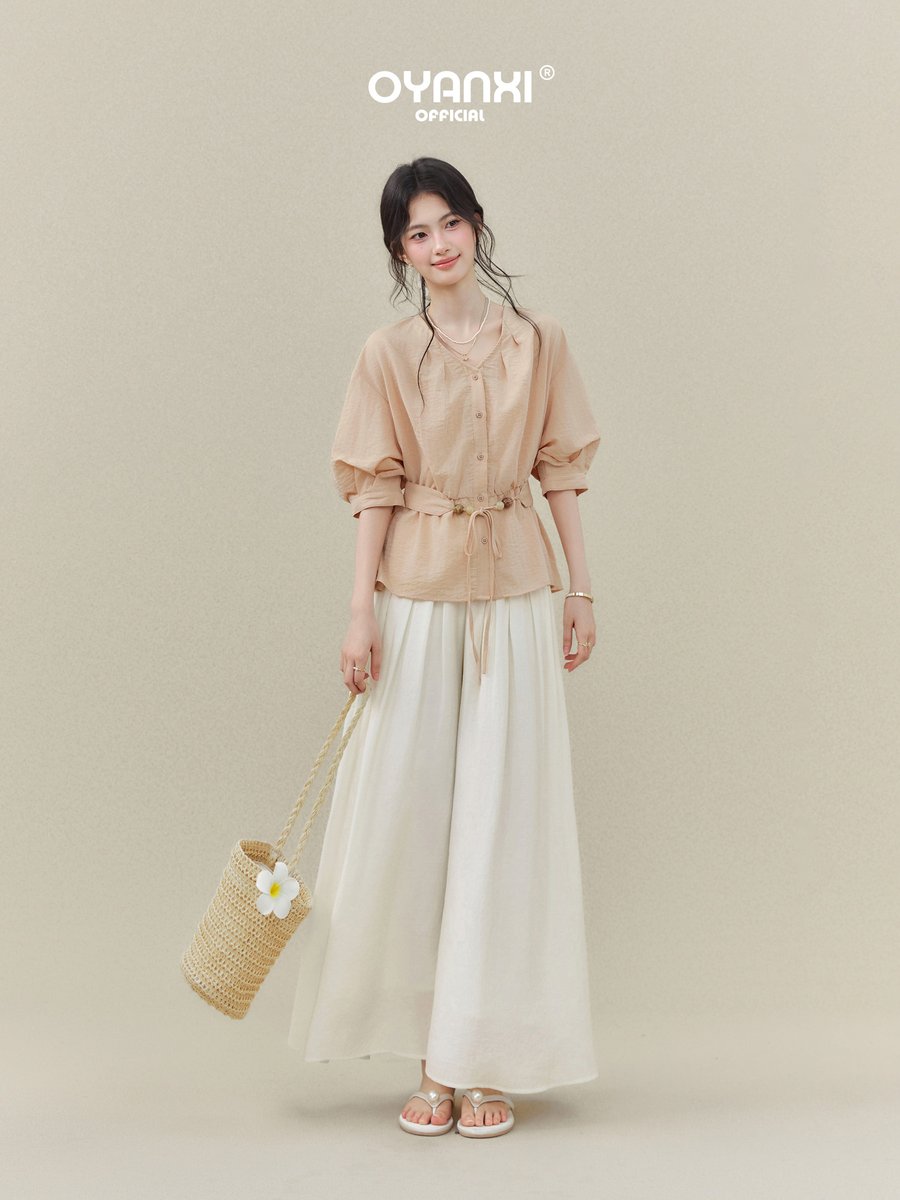 OYANXI Vネック ウエストリボン 七分袖シャツ