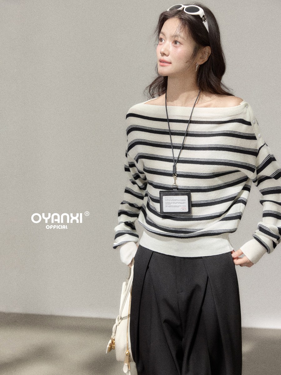 OYANXI モノトーンストライプ ボートネック オフショルダー ニット