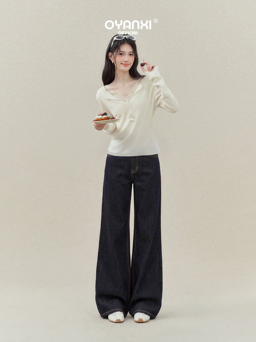 OYANXI シンプル ミッドウエスト ワイドデニムパンツ
