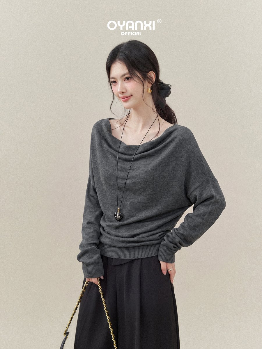 OYANXI ドレープネック ゆったり ウエストシェイプ 長袖ニットトップス