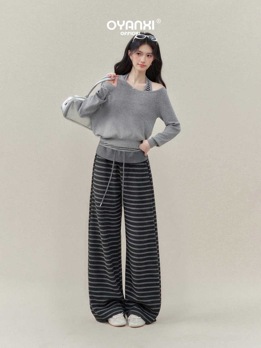 OYANXI ストライプ ハイウエスト とろみ ロング ワイドパンツ