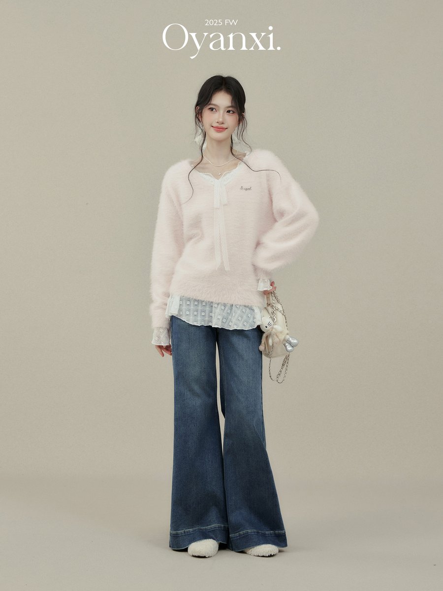 OYANXI Vネック ベルスリーブ ピンクニット
