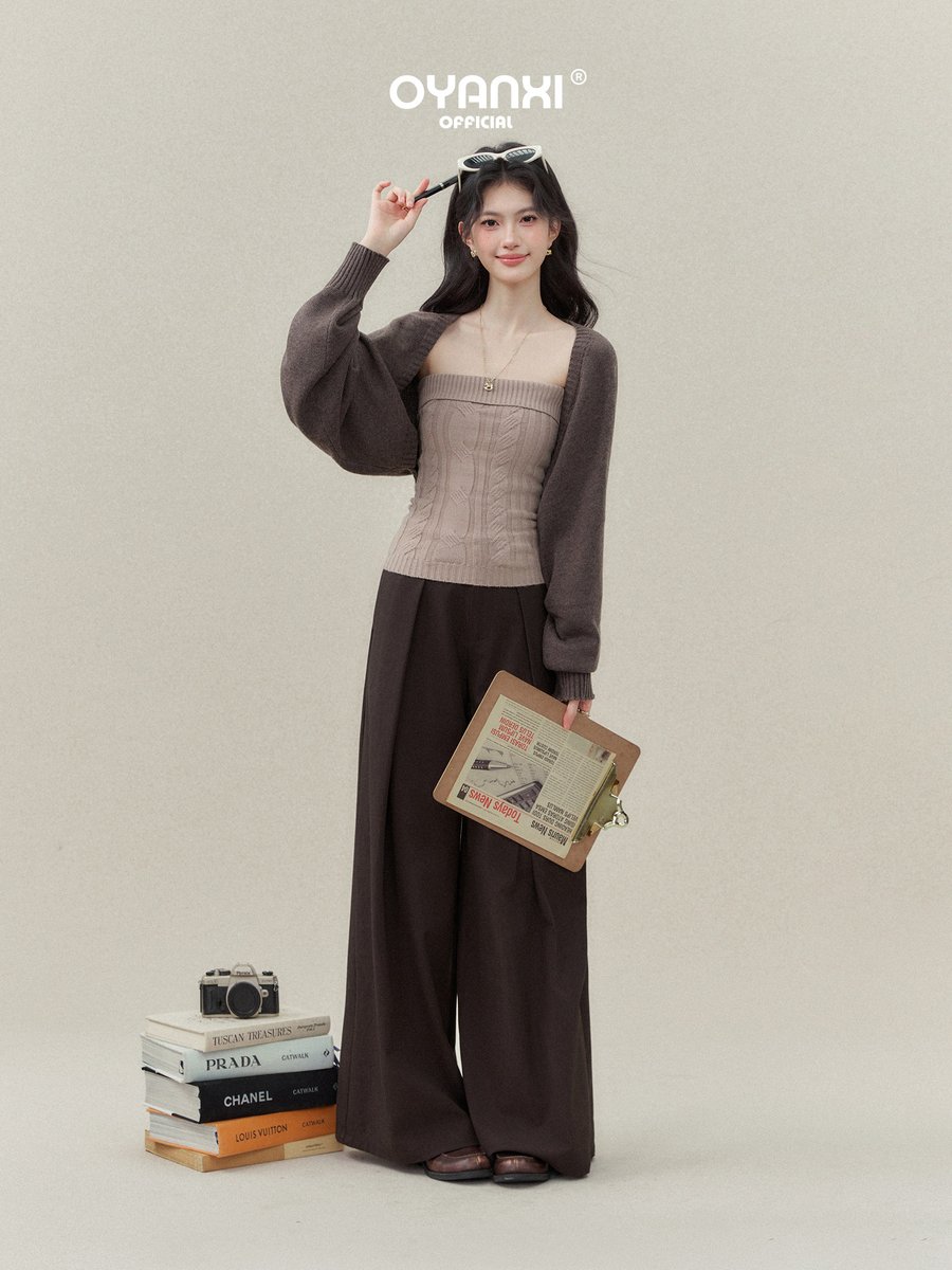 OYANXI ケーブル編みベアトップ＆ニットカーディガン 2点セット