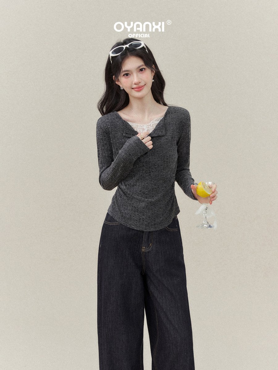 OYANXI レーストリム Vネック フェイクレイヤードTシャツ