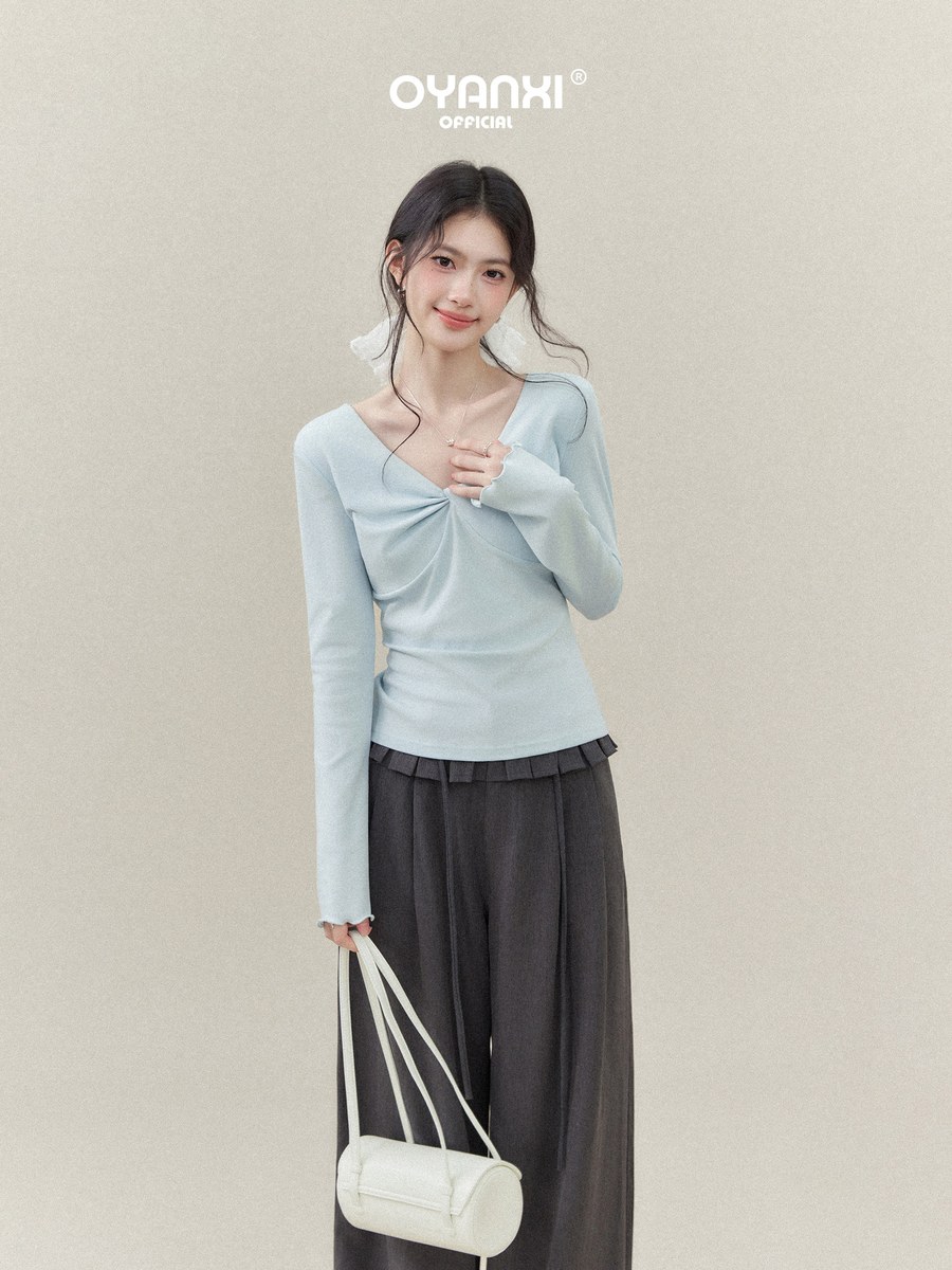 OYANXI ツイスト Vネック フリル袖 長袖Tシャツ
