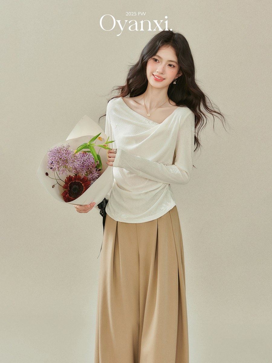 OYANXI デザインネック 長袖Tシャツ アプリコット