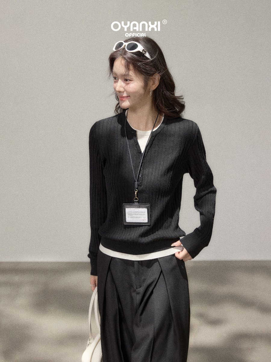 OYANXI バイカラー Vネック フェイクレイヤード スリムセーター