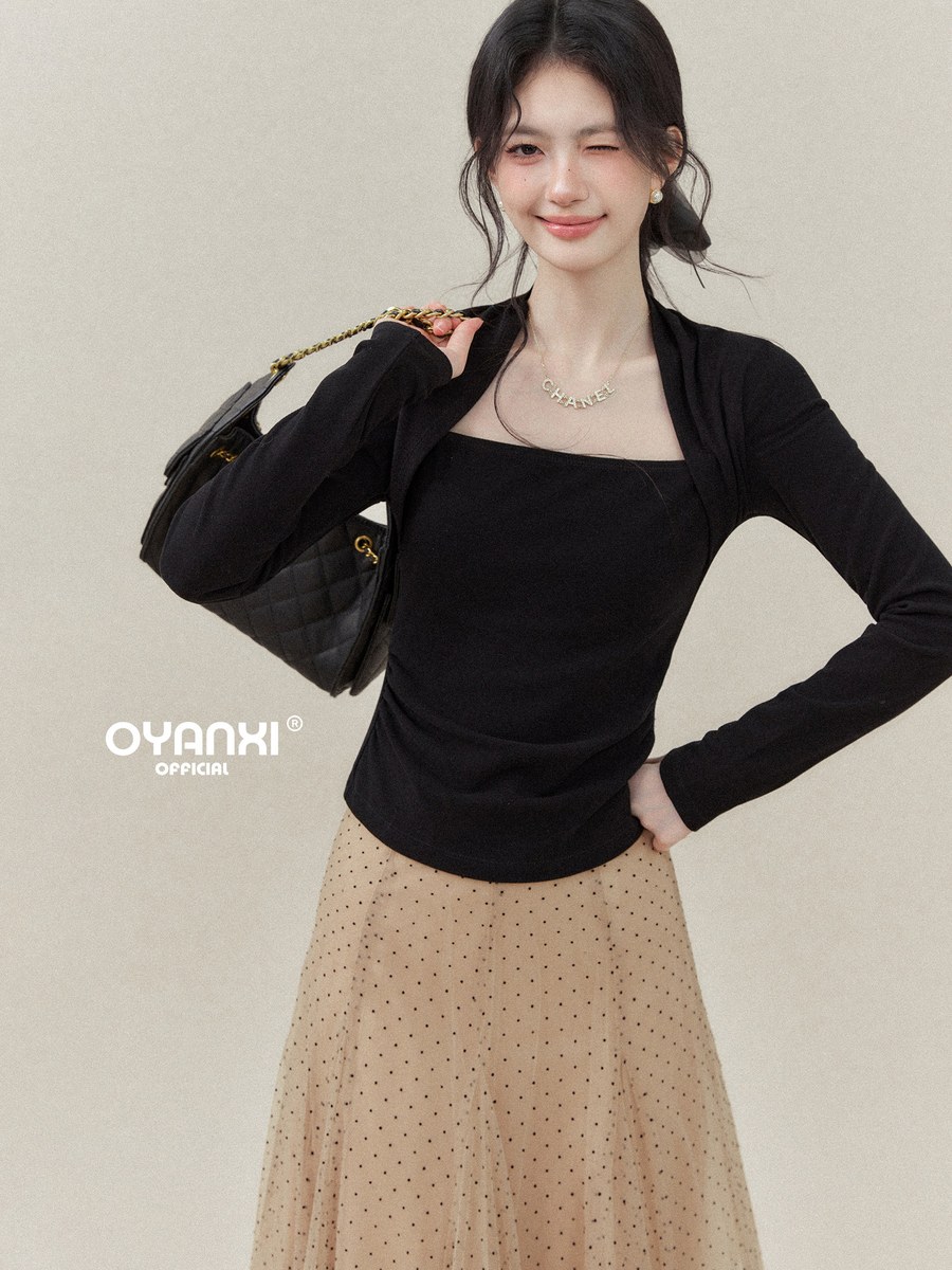 OYANXI フェイクレイヤード スクエアネック 長袖Tシャツ