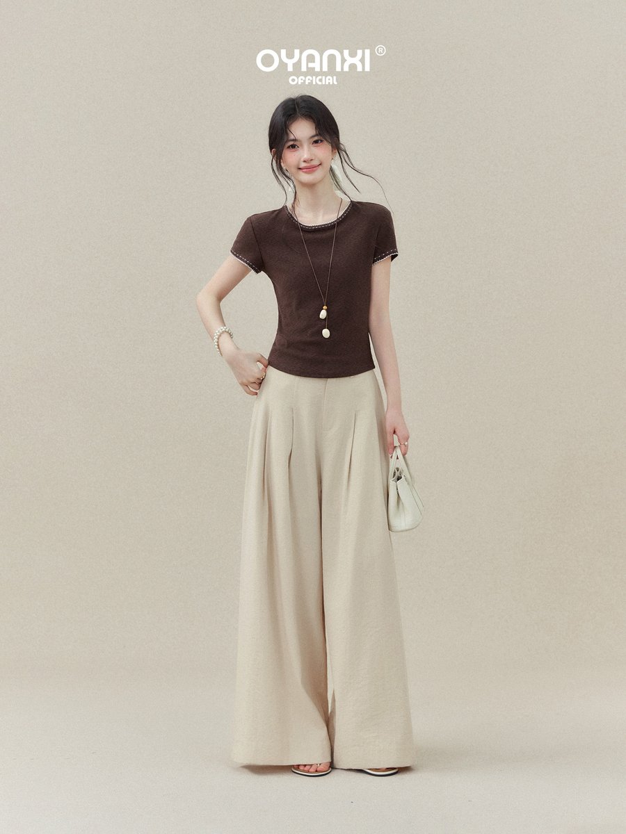 OYANXI 刺繍レーストリム クルーネック 半袖Tシャツ