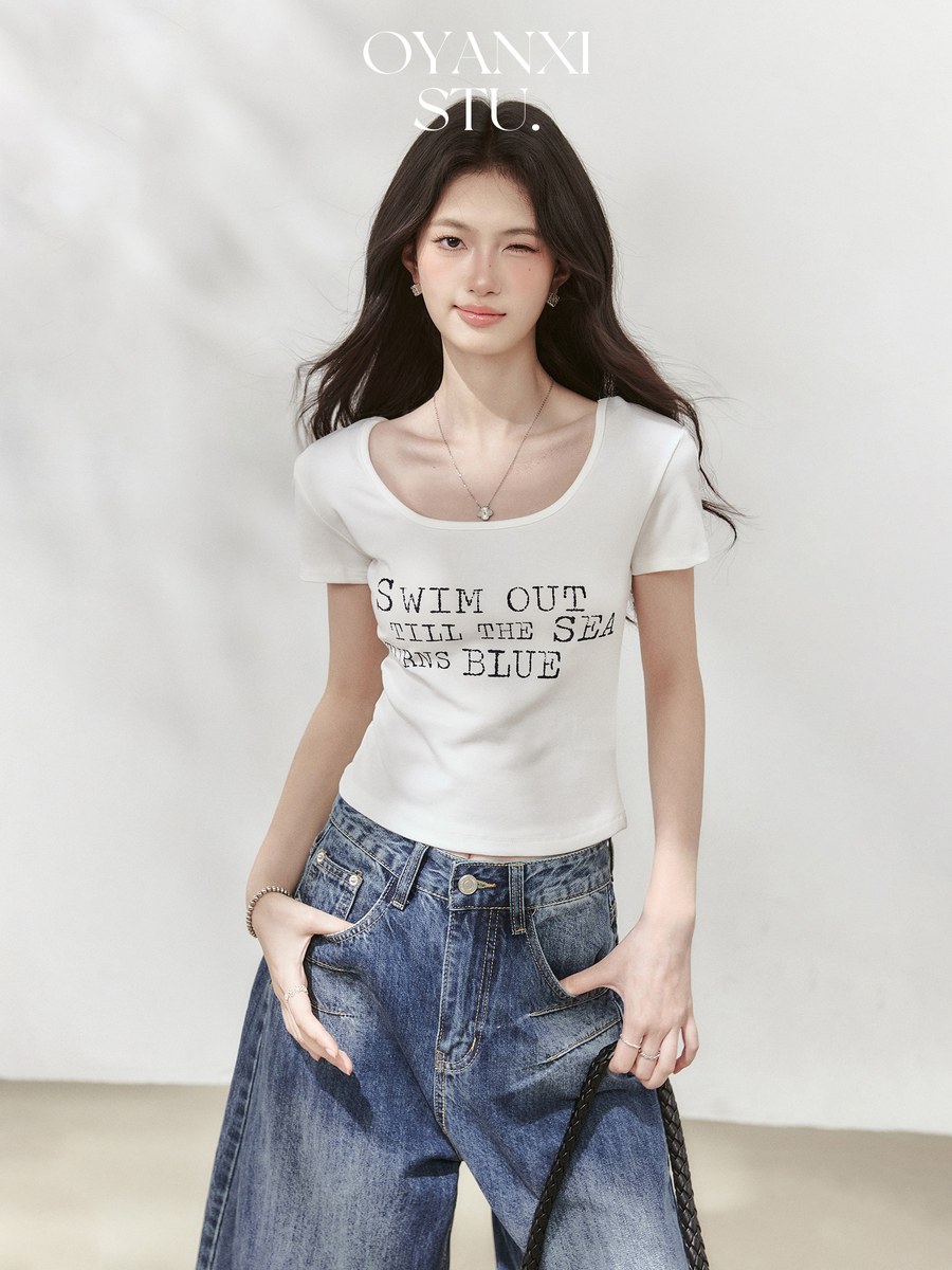 OYANXI ロゴプリント Uネック 半袖Tシャツ
