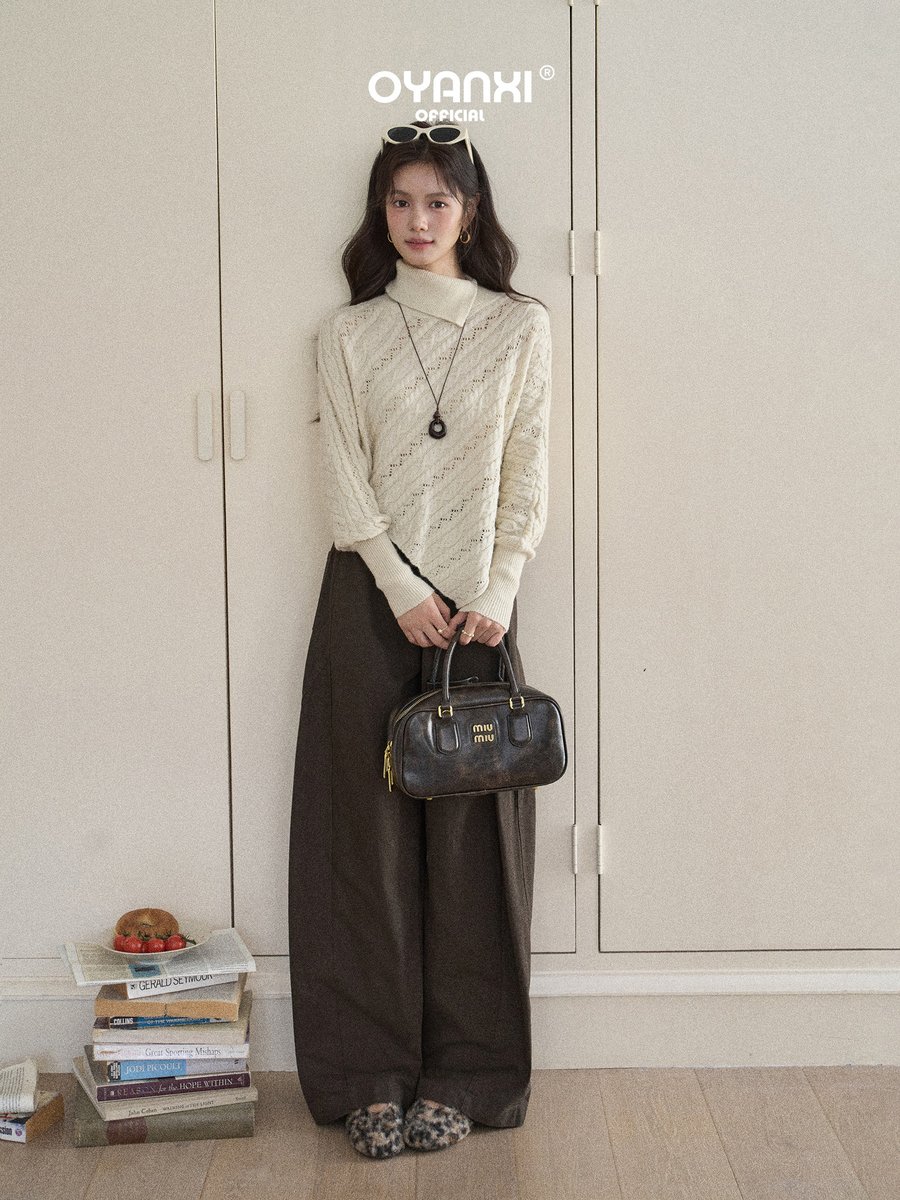OYANXI ケーブル 透かし編み アシンメトリーヘム 長袖ニット