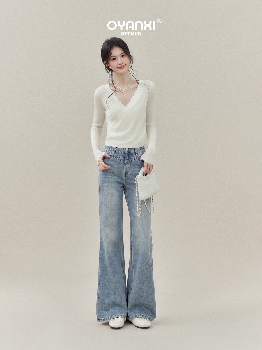 OYANXI ウォッシュド V字ウエスト セミフレアデニムパンツ