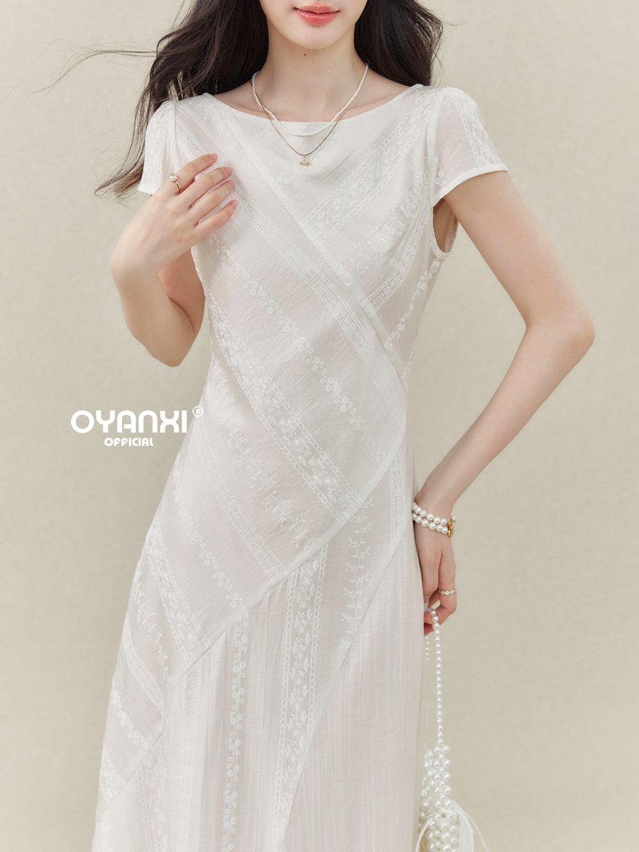 OYANXI クルーネック ウエストマーク 半袖マキシワンピース
