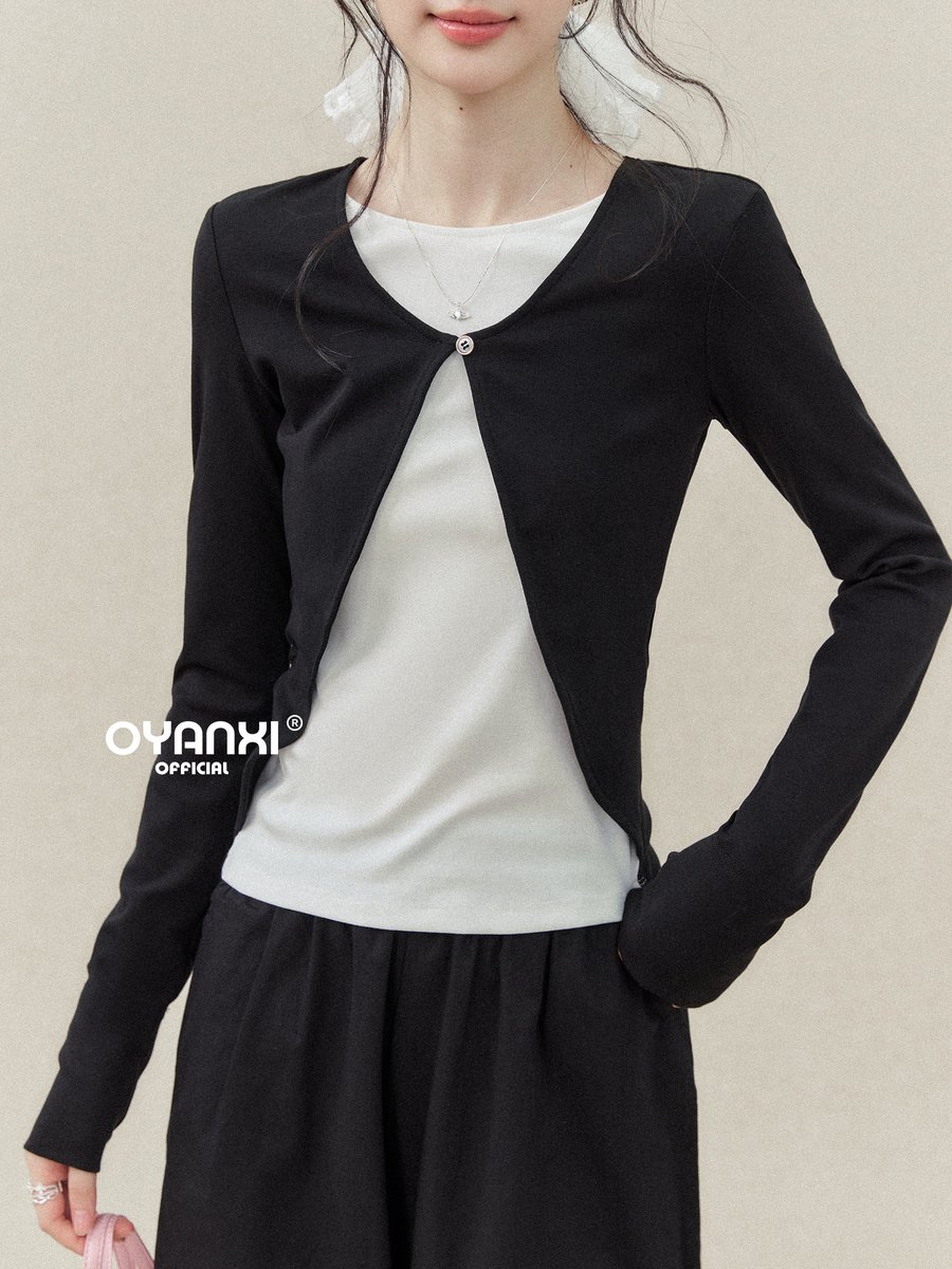 OYANXI 配色 フェイクレイヤード ワンボタン 長袖Tシャツ