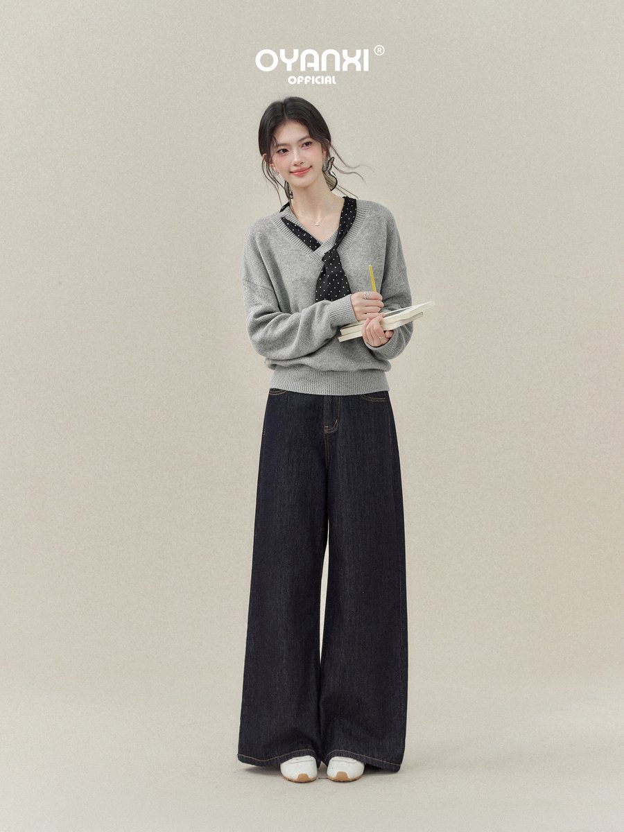 OYANXI ドット柄スカーフ付き ゆったり長袖ニットセーター