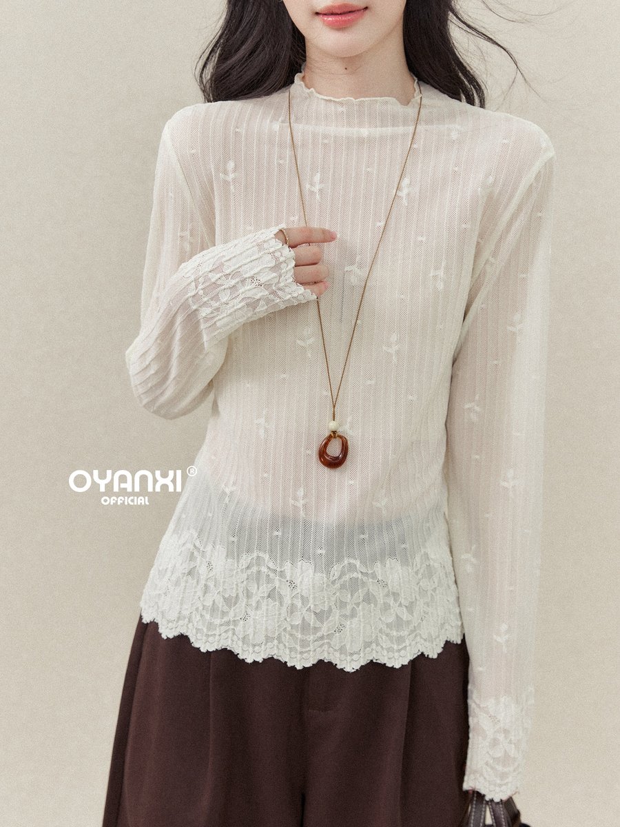 OYANXI シアー ハーフハイネック レース裾 スリム 長袖Tシャツ