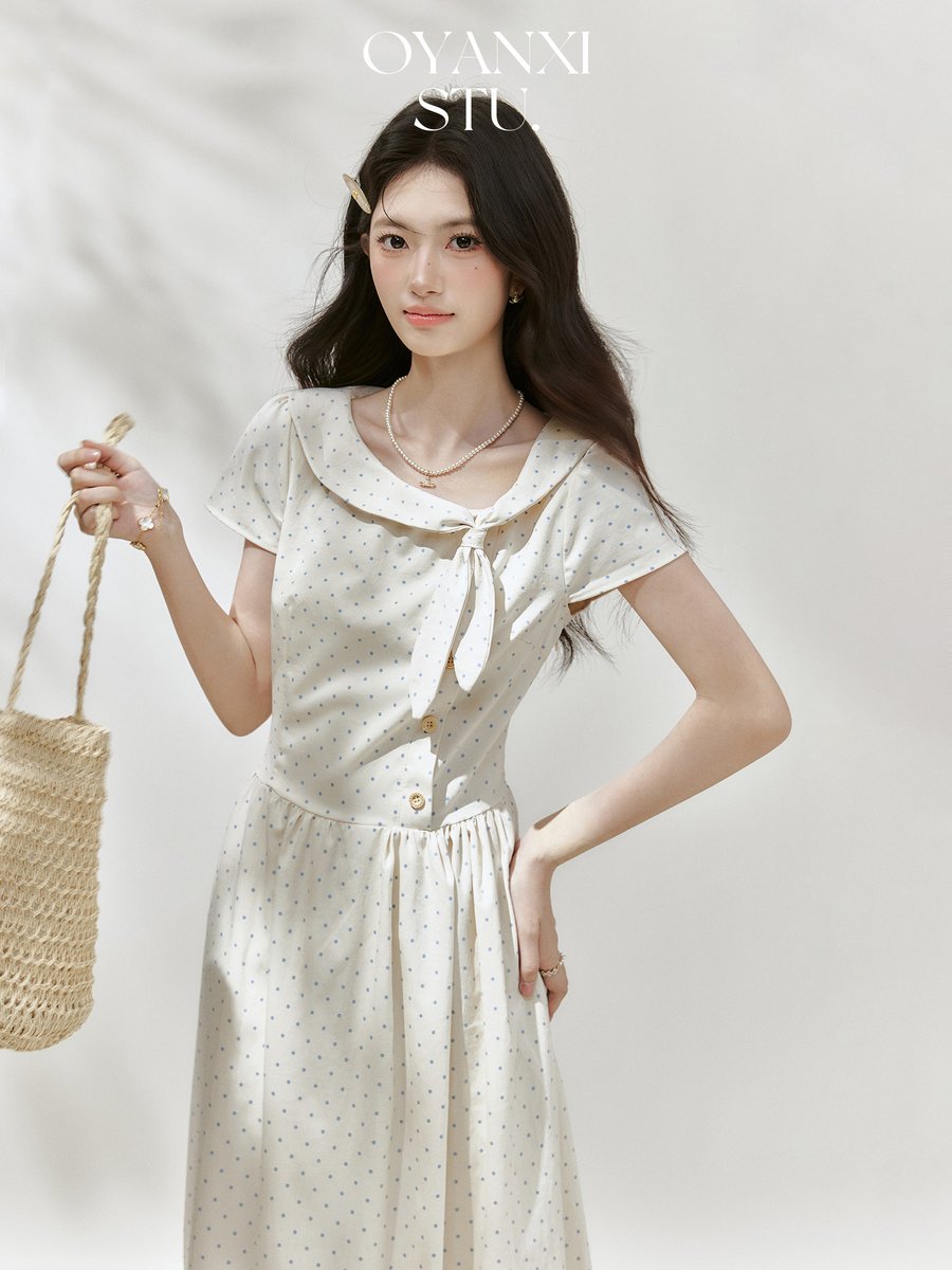 OYANXI ドット柄 ウエストシェイプ ロングワンピース