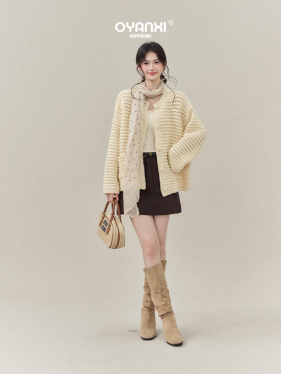 OYANXI 粗編み 透かし編み ゆったり ニットカーディガン