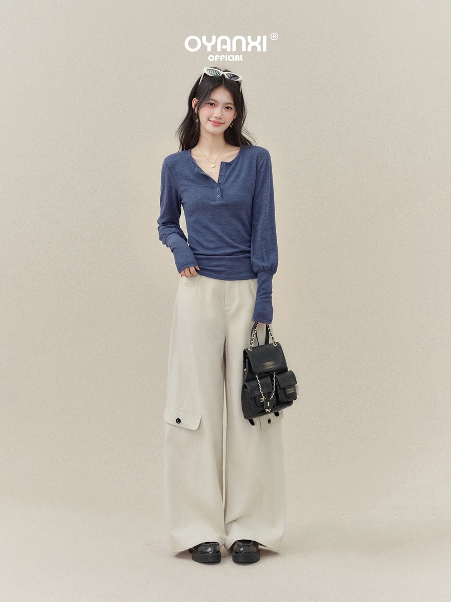 OYANXI ヘンリーネック ランタンスリーブ ウエストシェイプ 長袖Tシャツ