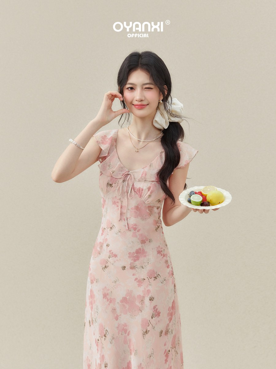 OYANXI 小花柄 フリルスリーブ ウエストシェイプ ロングワンピース