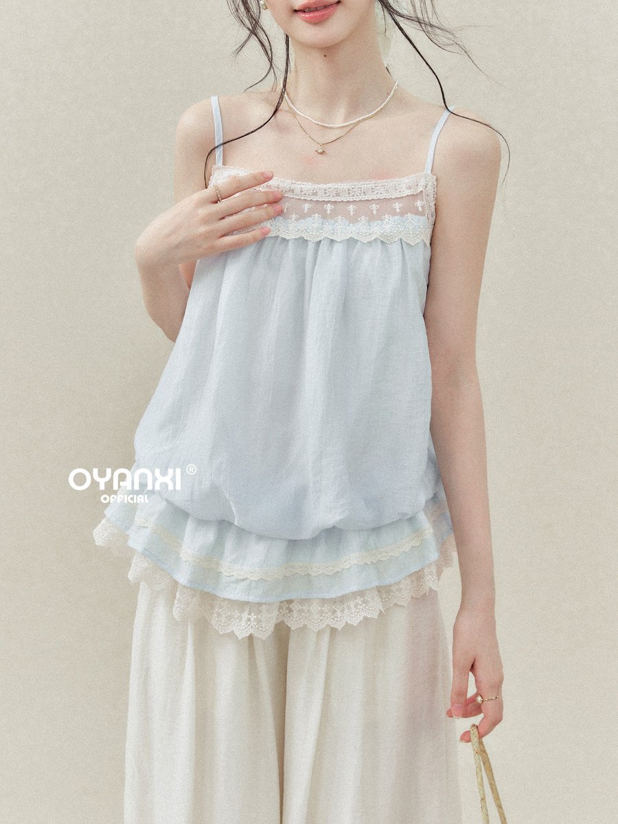 OYANXI レーストリム 2段フリル キャミソールトップス