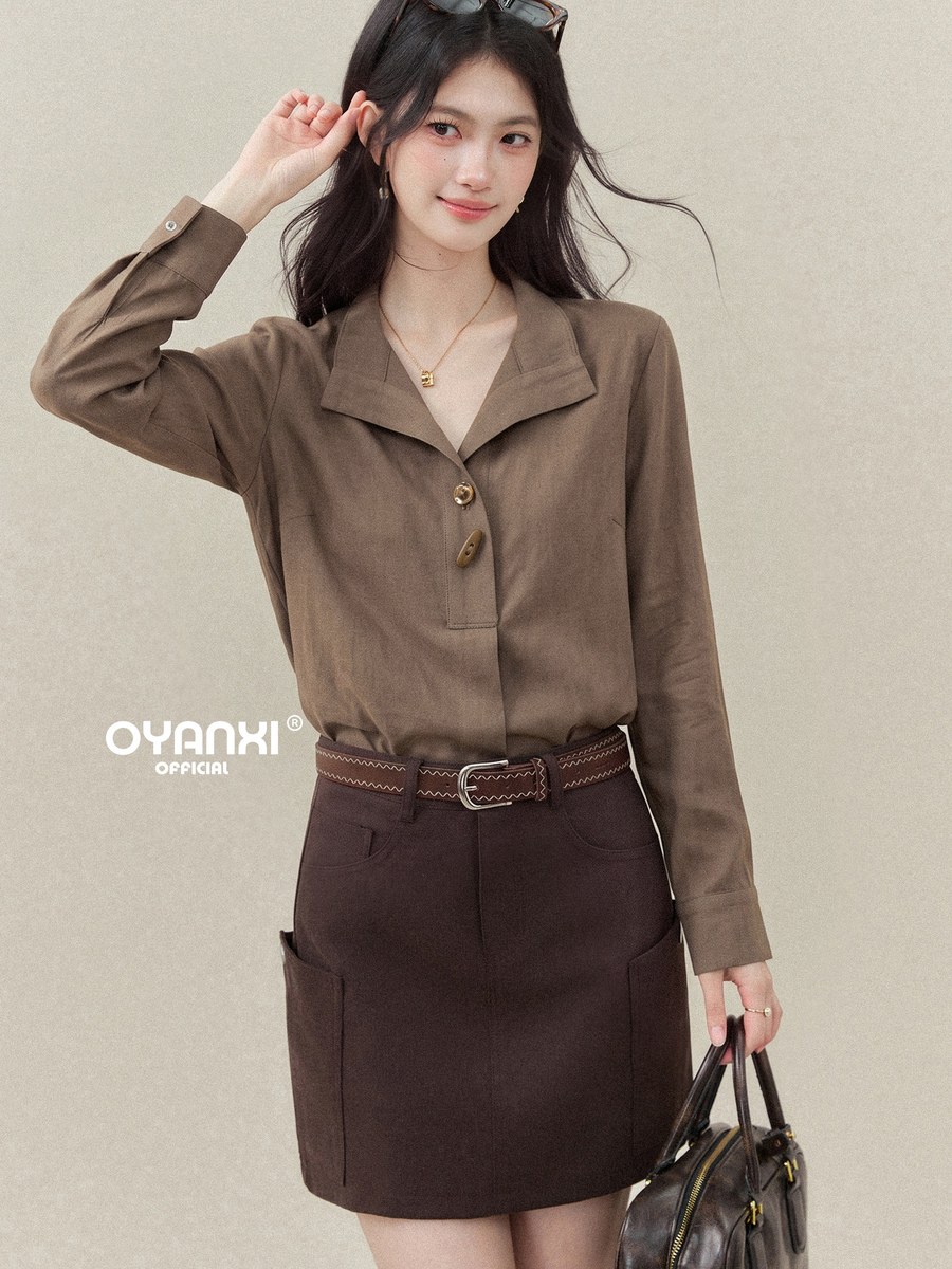 OYANXI 折り襟 とろみ ゆったり 長袖シャツ
