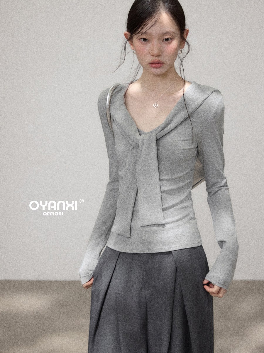 OYANXI ショール風 リボンネック スリム 長袖Tシャツ