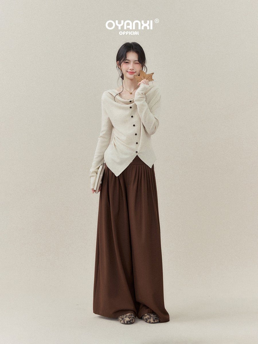 OYANXI ドレープネック アシンメトリーヘム スリム 長袖ニット