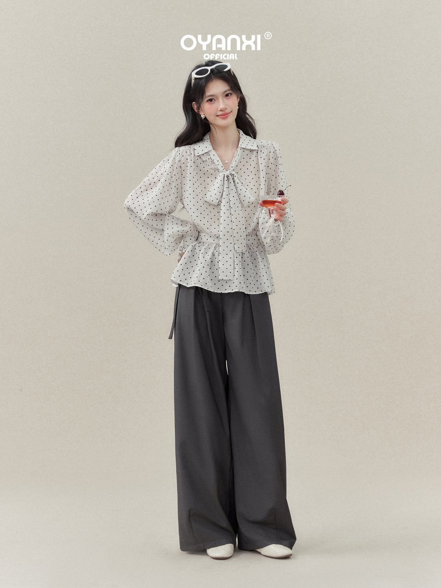 OYANXI ドット柄 リボン Vネック ウエストシェイプ シャツ